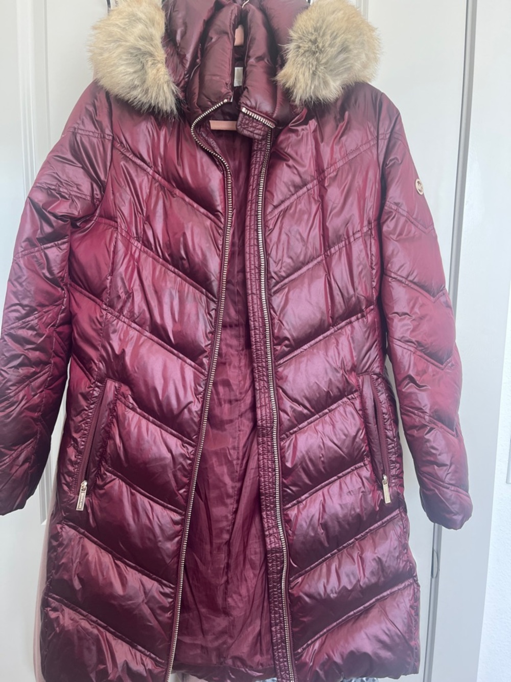 Michael Kors Burgundy Puffer Coat with Faux Fur Trim